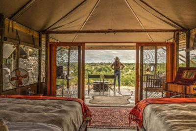 chambre twin et saterrasse avec vue à Meno A Kwena, Makgadikgadi Pans, Botswana