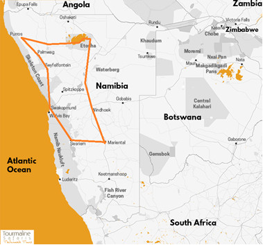 carte circuit du Pays Himba au Désert du Namib en camping