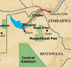 détail de l'étinéraire du circuit en avion léger Botswana Immersion avec le Delta de l'Okavango, le parc de Moremi et le parc Chobe ainsi que les chutes Victoria